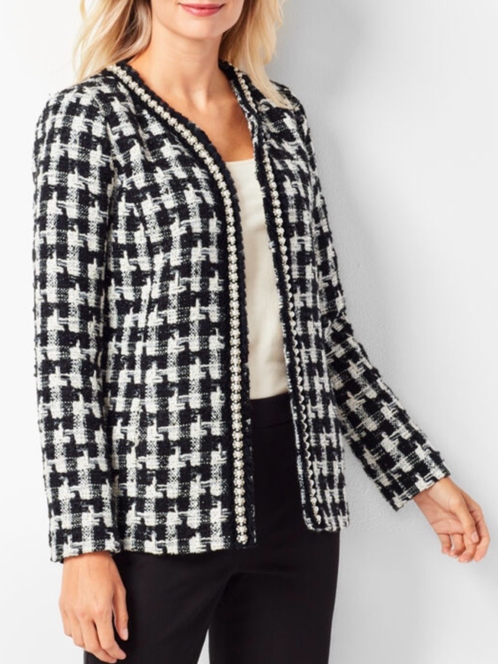 Talbots Blazer Black White Bouclé Pearl Trim Tweed Jacket size 8 $189